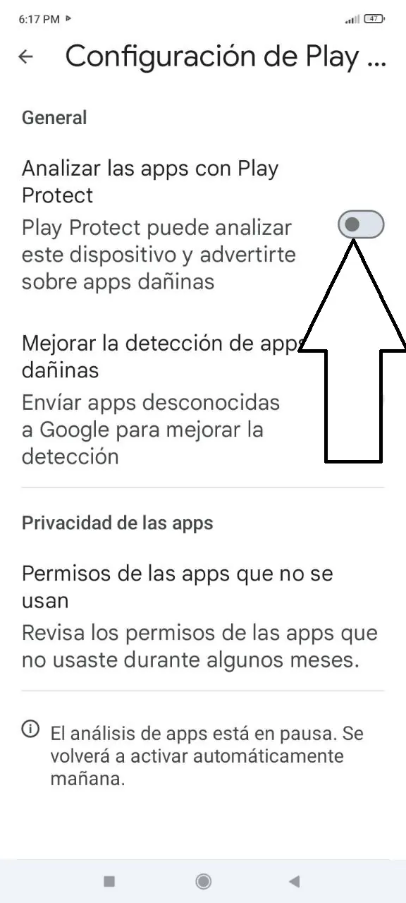 Paso 5: Desactiva el análisis de apps