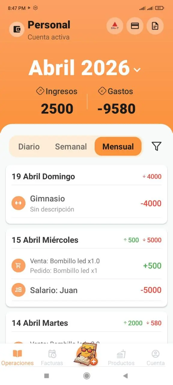 Pantalla de operaciones con botón de filtros