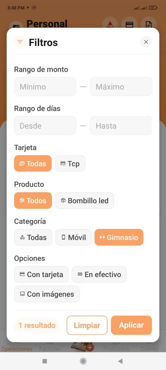 Modal de filtros con categorías seleccionables