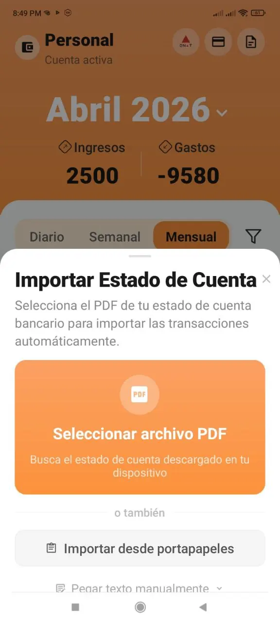 Seleccion de archivo PDF o importacion manual