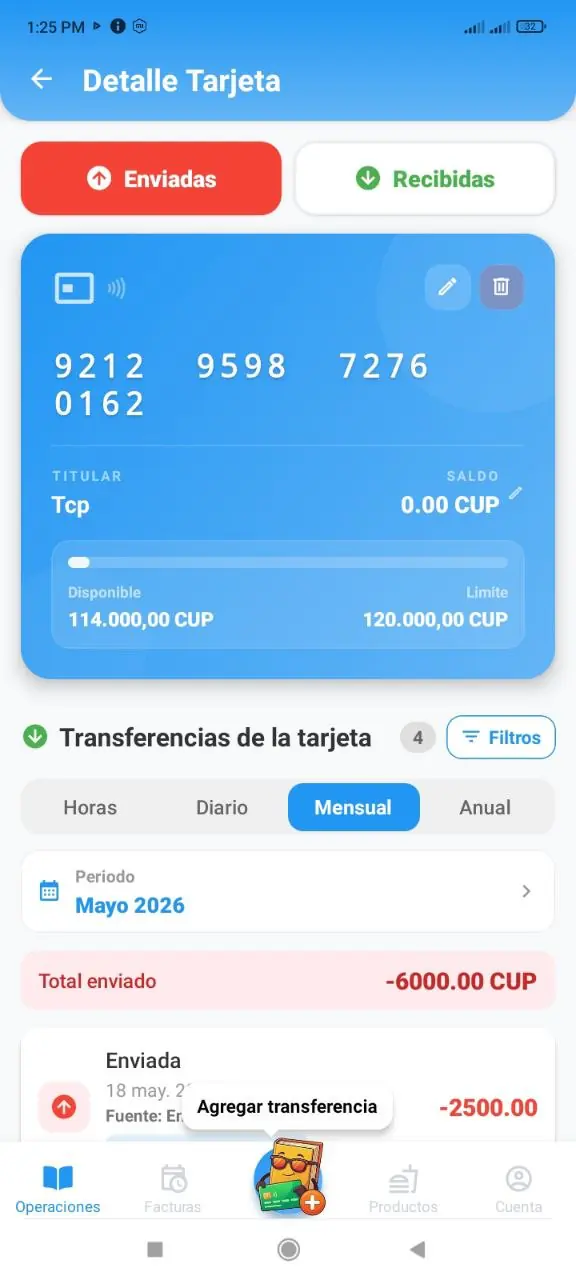 Detalle de tarjeta con transferencias enviadas y recibidas