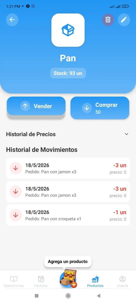 Historial del producto elaborado con descuento de inventario