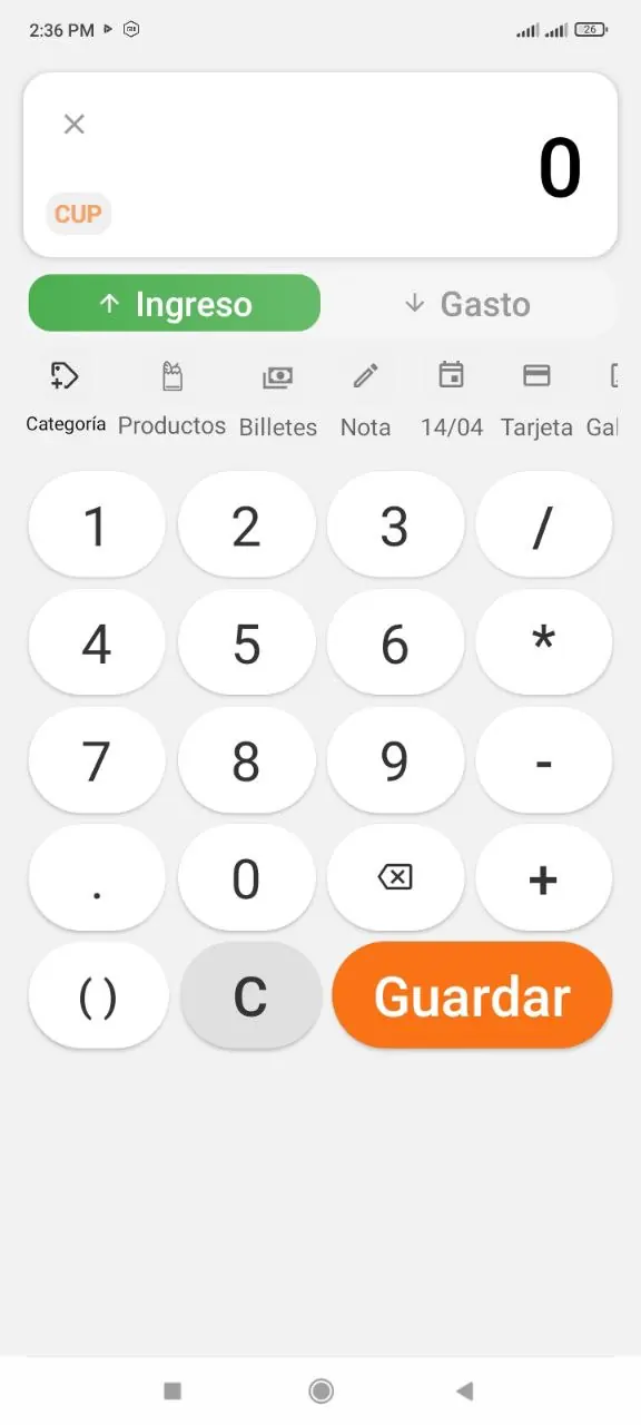 Selector de tipo Ingreso o Gasto