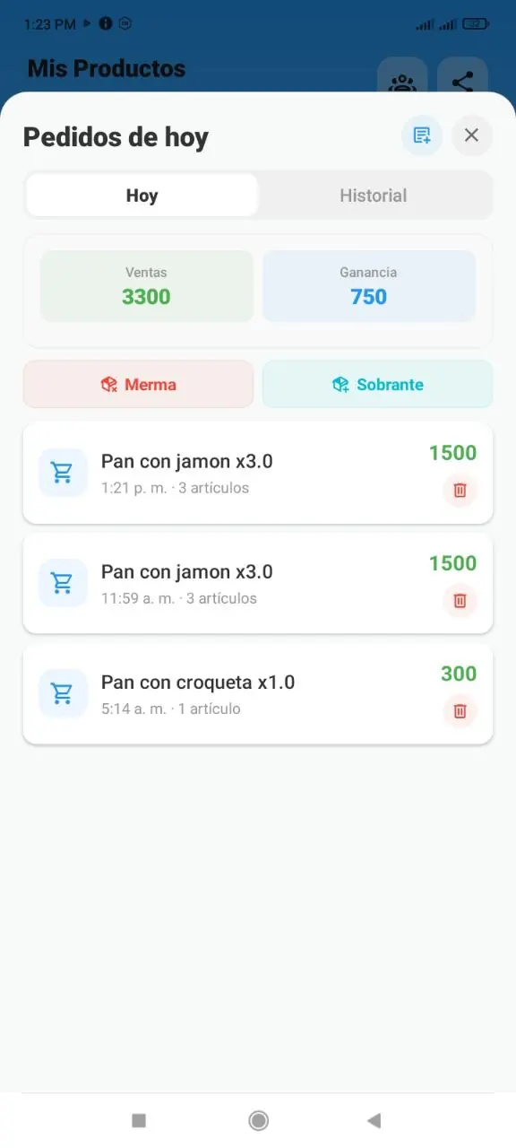 Información de ventas y ganancia del día