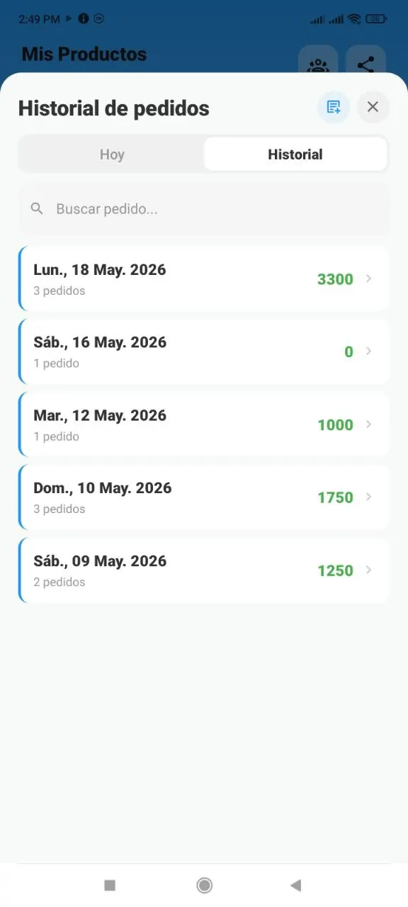 Historial de pedidos por meses y días