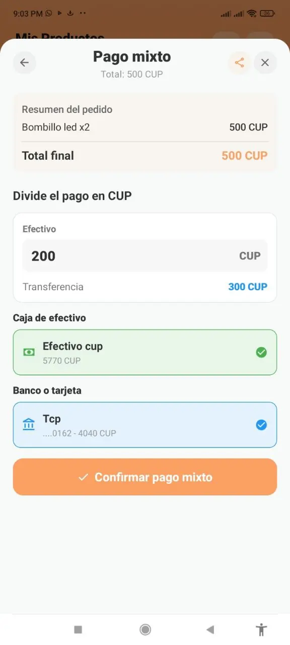 Pago mixto con efectivo y transferencia