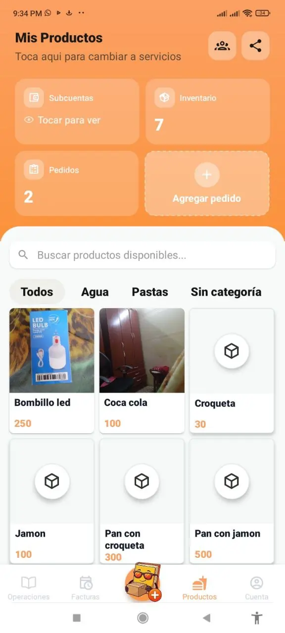 Tarjeta Pedidos en la pantalla de Productos