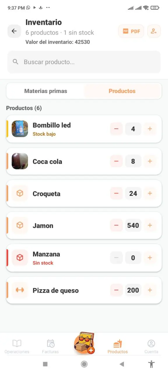 Inventario con cantidades de productos