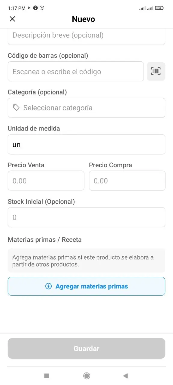 Precio, stock inicial y materias primas del producto