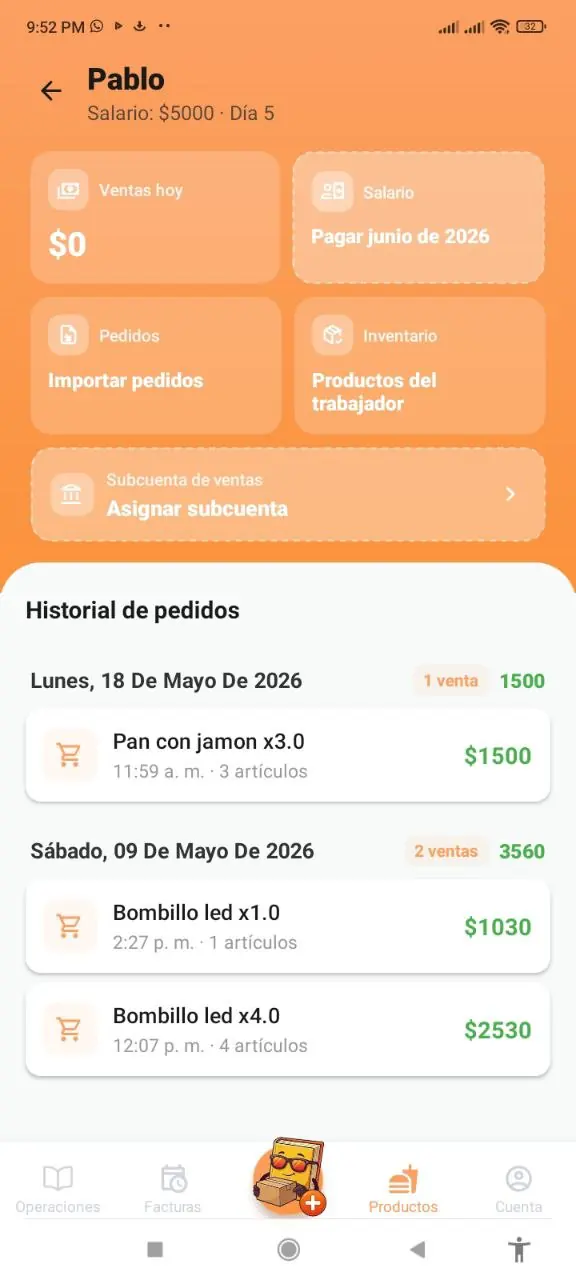 Detalle de trabajador con ventas, inventario y subcuenta