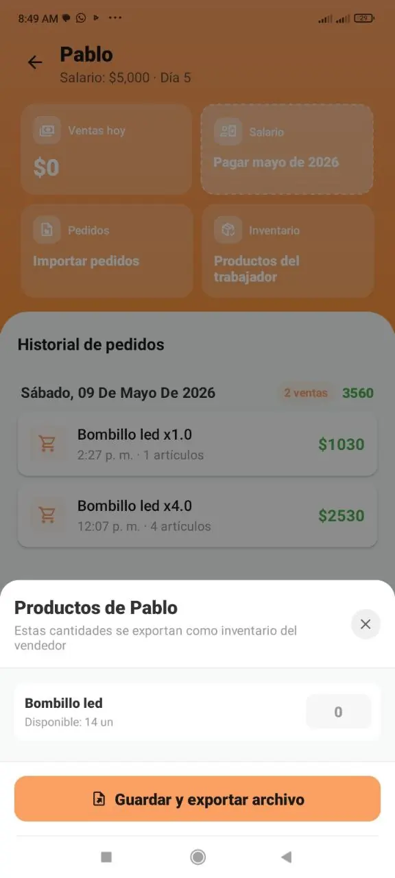 Modificar cantidades y exportar inventario del trabajador