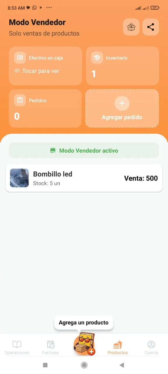 Botón Pedidos de hoy en modo vendedor