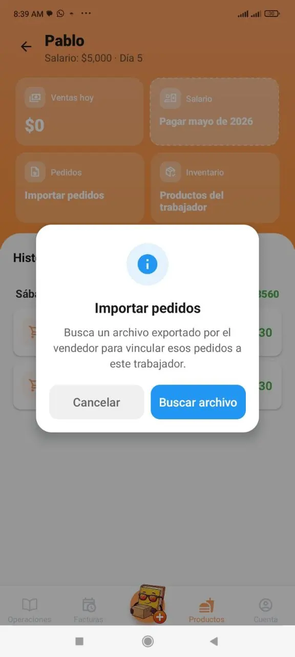 Importar archivo de pedidos en el trabajador